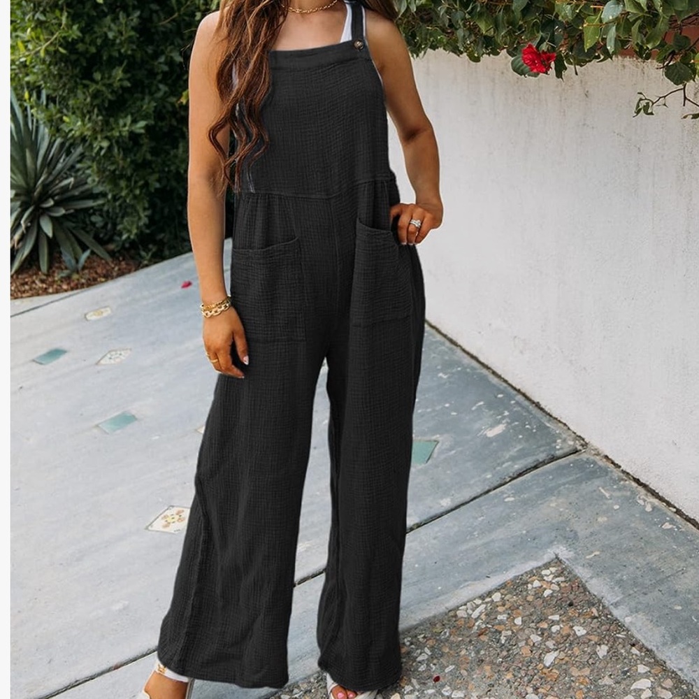 Women's Lightweight Cotton Gauze Overall Wide Leg Pocketed Jumpsuit